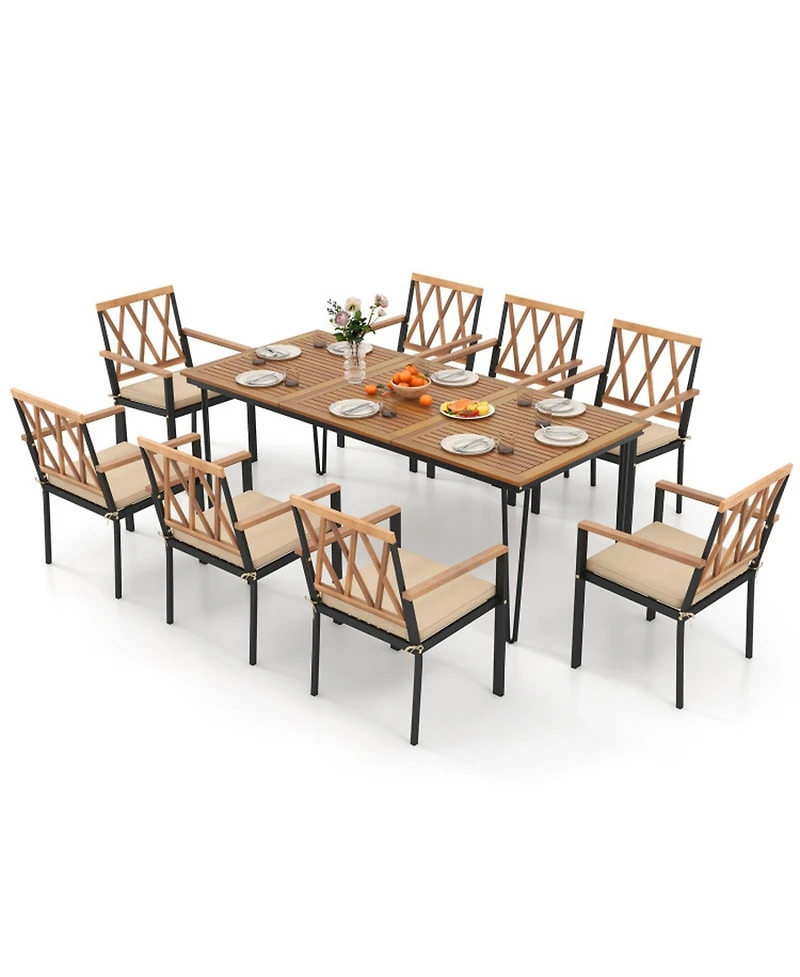 Gouun 9-Piece Outdoor Acacia Wood Patio Dining Set with Wide Padded Chairs and Umbrella Hole