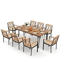 Gouun 9-Piece Outdoor Acacia Wood Patio Dining Set with Wide Padded Chairs and Umbrella Hole