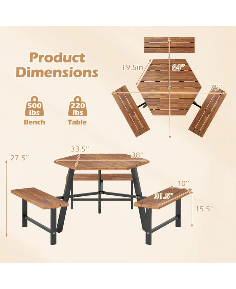 Gouun 6-Person Outdoor Acacia Wood Picnic Table and Bench Set with Umbrella Hole