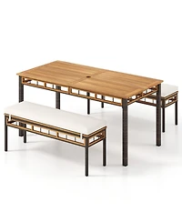 Gouun 3-Piece Acacia Wood Patio Dining Set with Pe Rattan Benches for Deck and Backyard