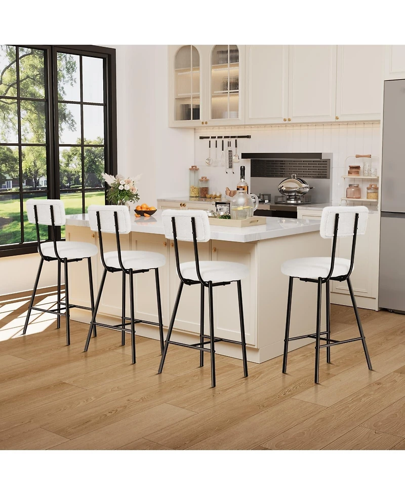 homfan Modern Upholstered Stools Set of 4, Round Padded Seats, Black Metal Legs, Curved Back and Footrest, for Kitchen Island, Dining Room and Cafe