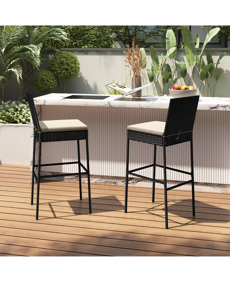 Gouun Set of 4 Outdoor Pe Wicker Patio Bar Stools with Backrest, Footrest and Seat Cushions