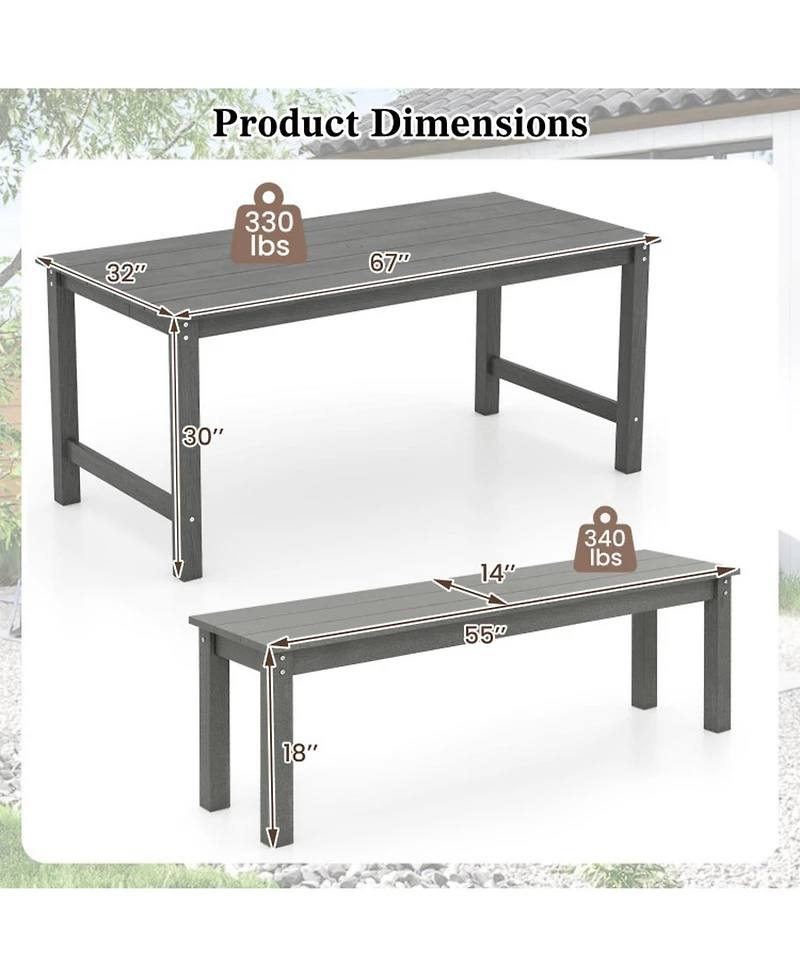 Gouun 3 Piece Outdoor Patio Dining Set with 67 in Hdpe Table and 2 Backless Benches, Umbrella Hole