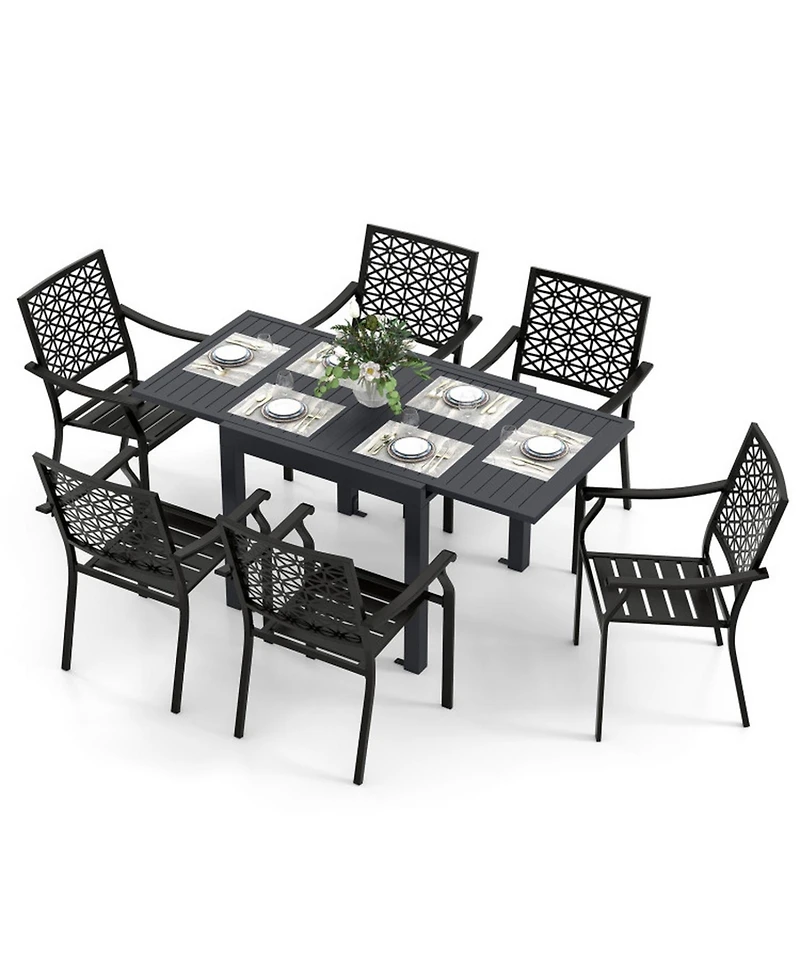 Gouun 7 Piece Aluminum Patio Dining Set with Expandable 63 in Slatted Table and 6 Stackable Chairs