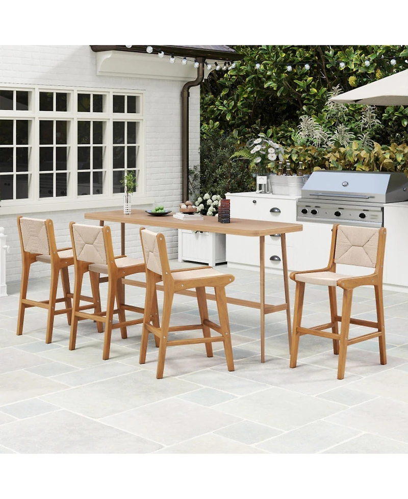 Gouun Outdoor Counter Height Bar Stool with Teak Wood Frame and Hand-Woven Paper Rope Seat