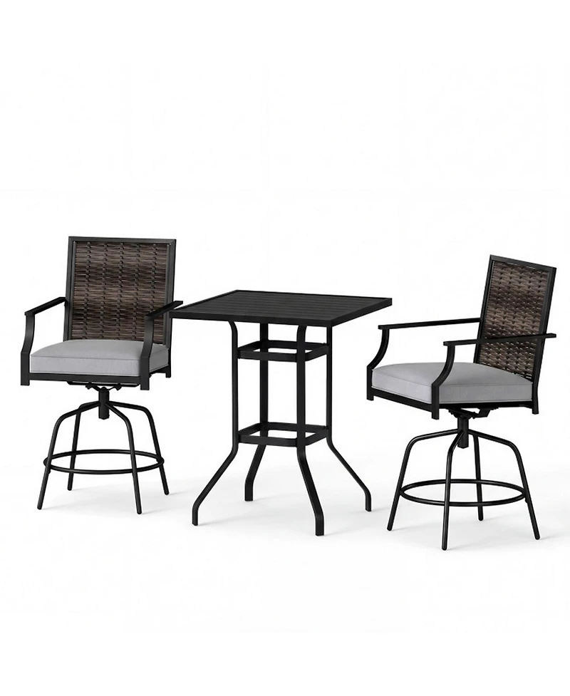 Gouun 3-Piece Outdoor Swivel Bar Set with High-Top Rattan Table and Cushioned Stools