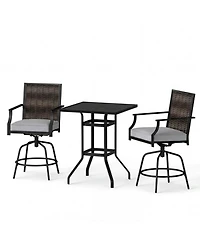 Gouun 3-Piece Outdoor Swivel Bar Set with High-Top Rattan Table and Cushioned Stools