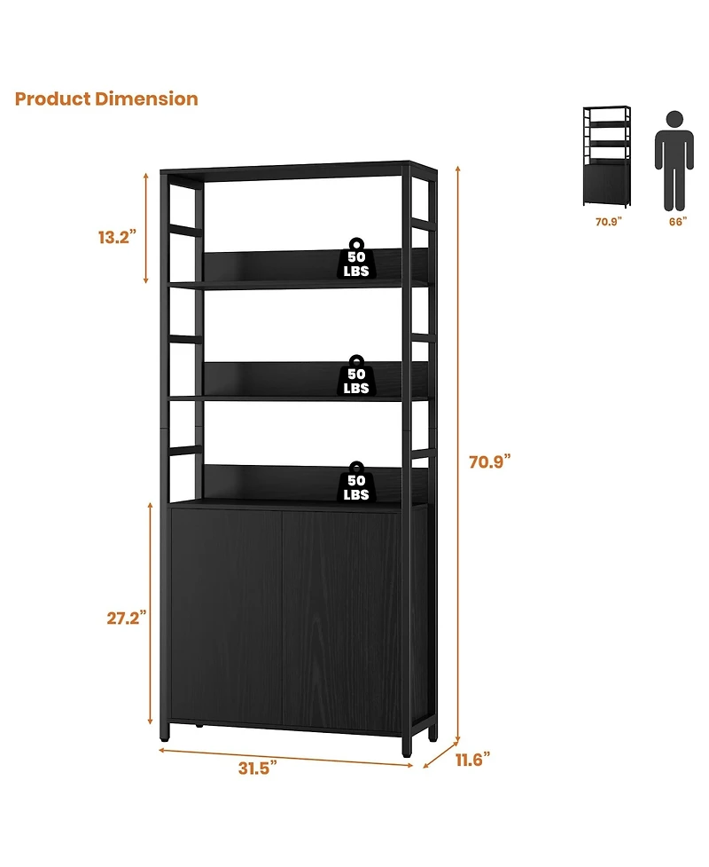 homfan 71" Tall Bookshelf with Doors, Industrial Standing Shelf 3-Tier and Metal Frame, Bookcase Adjustable Rails for Living Room