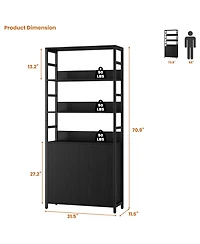 homfan 71" Tall Bookshelf with Doors, Industrial Standing Shelf 3-Tier and Metal Frame, Bookcase Adjustable Rails for Living Room