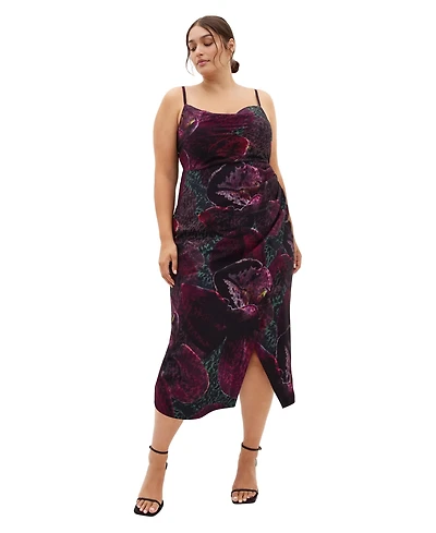 City Chic Plus Marisol Orchid Print Cowl Neckline Midi Dress