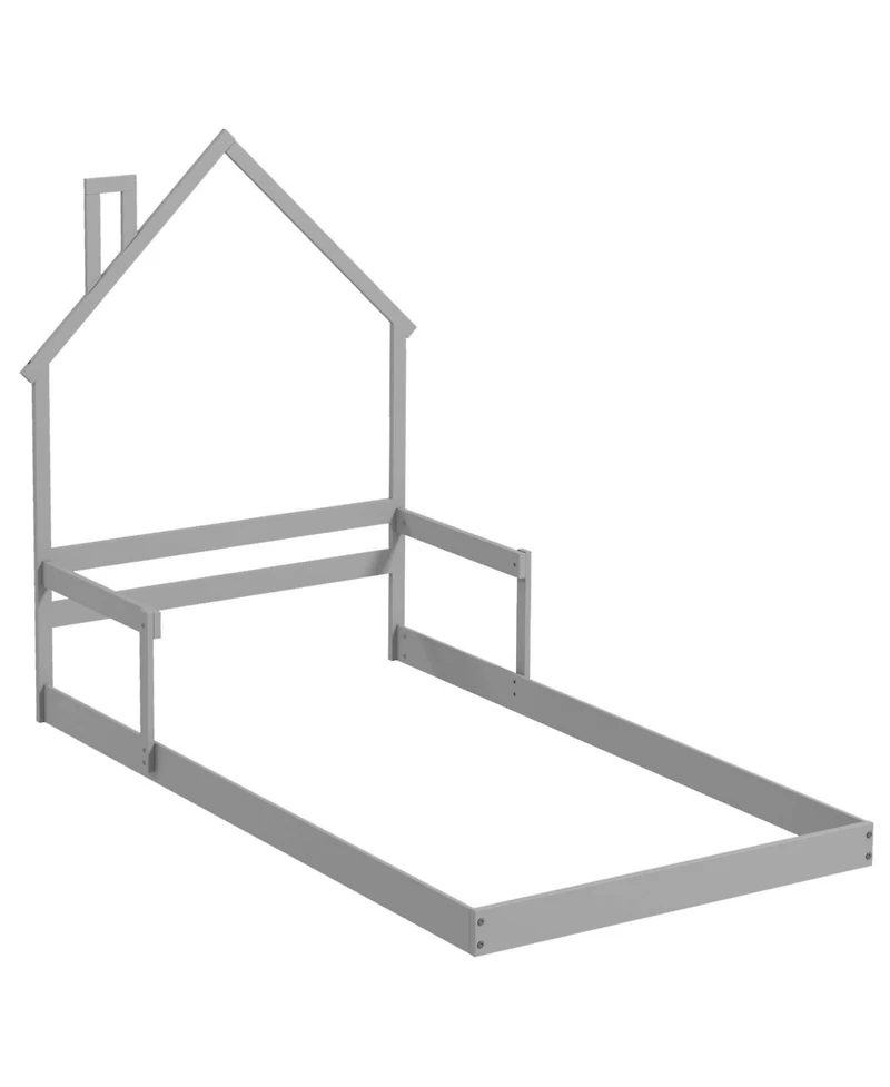 Costway Twin Floor Bed for Kids with Chimney Headboard and Handrail