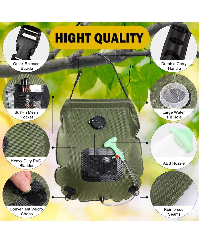 Piscifun Solar Shower Bag 5 Gallon 20L Portable Solar Heated Camping Outdoor Shower Kit With Hose And Adjustable Flow Head