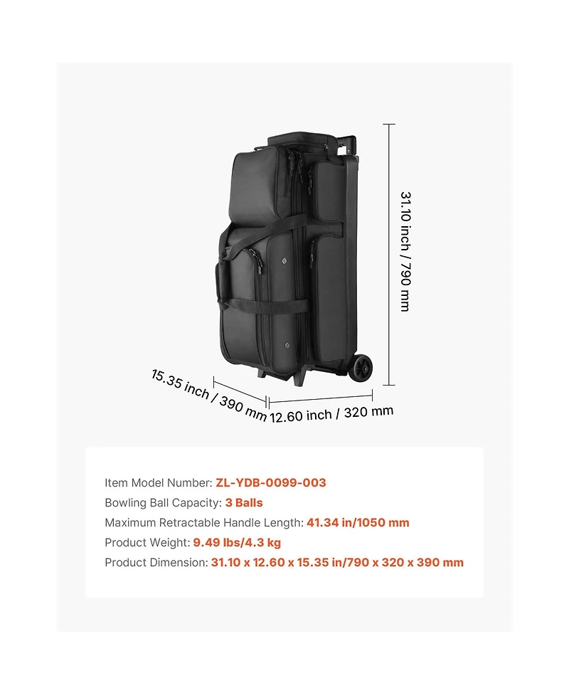 Hongge Double Roller 3 Ball Bowling Bag on Wheels Featuring Shoe Storage and Oversized Accessory Pocket