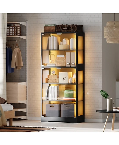 homfan Display Cabinet with Glass Door, 5-Tier 71" Curio with Rgb Led Lights and App Control for Collectibles Modern Storage for Living Room, Bedroom
