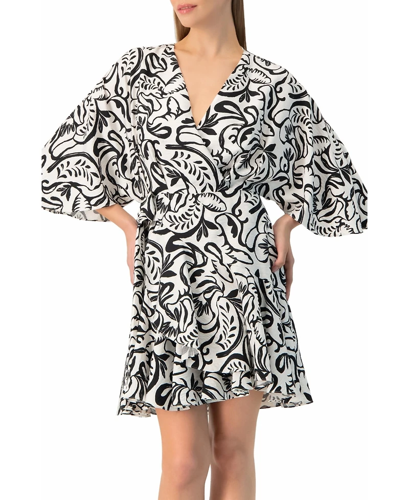 Ivonne Women's Swirl Botanical Print 3/4 Sleeve Fit-and-Flare Mini Dress