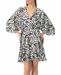 Ivonne Women's Swirl Botanical Print 3/4 Sleeve Fit-and-Flare Mini Dress