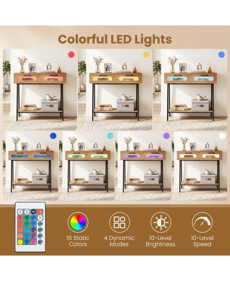 Sugift Console Table with Led Lights 2 Drawers and Open Shelf for Hallway Entrance