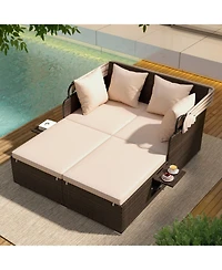 Gouun Outdoor Rattan Daybed with Retractable Canopy and Foldable Side Tables