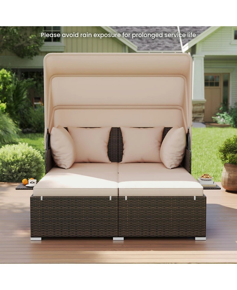 Gouun Outdoor Rattan Daybed with Retractable Canopy and Foldable Side Tables
