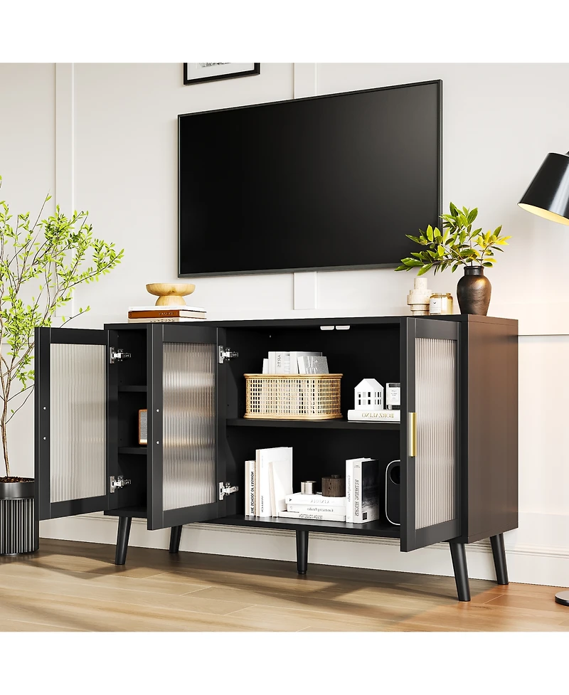 homfan Buffet Cabinet with Ribbed Glass Doors Sideboard Storage for Dining Room Kitchen Living Room