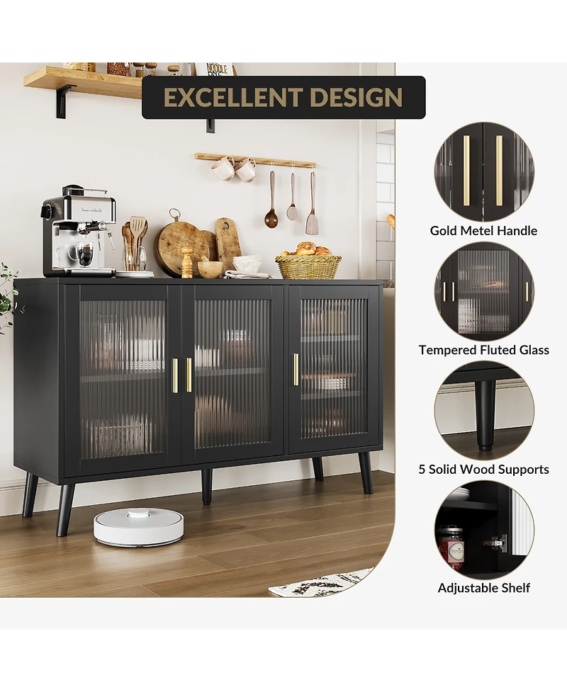 homfan Buffet Cabinet with Ribbed Glass Doors Sideboard Storage for Dining Room Kitchen Living Room