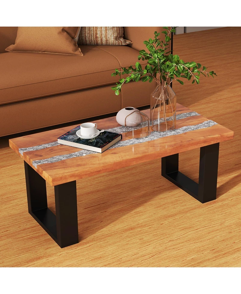 Sugift Teak Wood Patio Table with River-Like Epoxy Tabletop