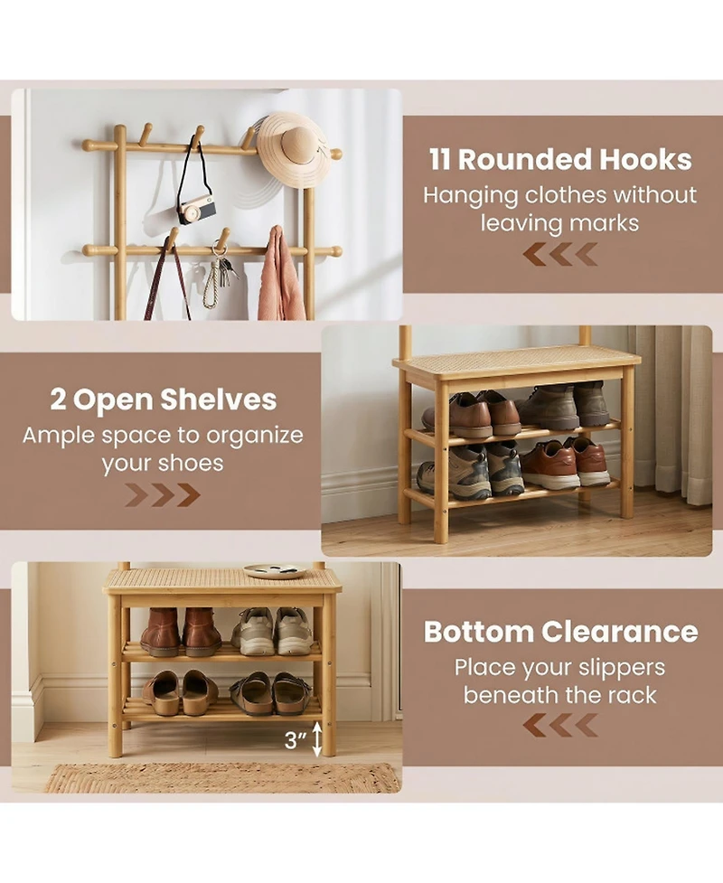 Sugift 3-in-1 Bamboo Coat Rack Hall Tree with Bench and Shoe Storage