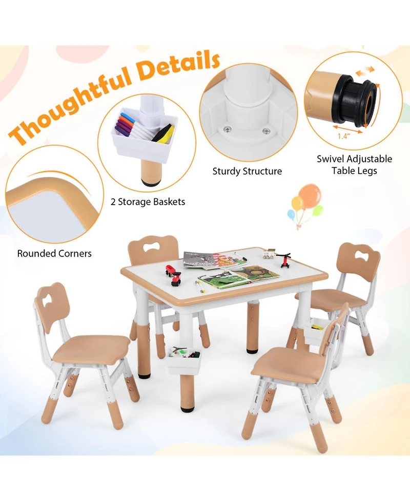 Sugift Height Adjustable Kids Table and 4 Chairs Set with Graffiti Desktop and 2 Storage Baskets