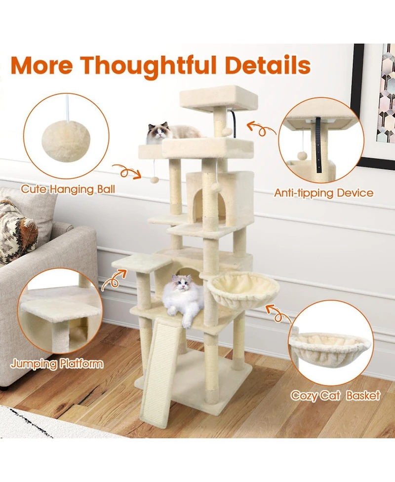 Sugift 65 in Tall Multi-Level Cat Tree with 3 Upholstered Perches and 2 Cat Condos