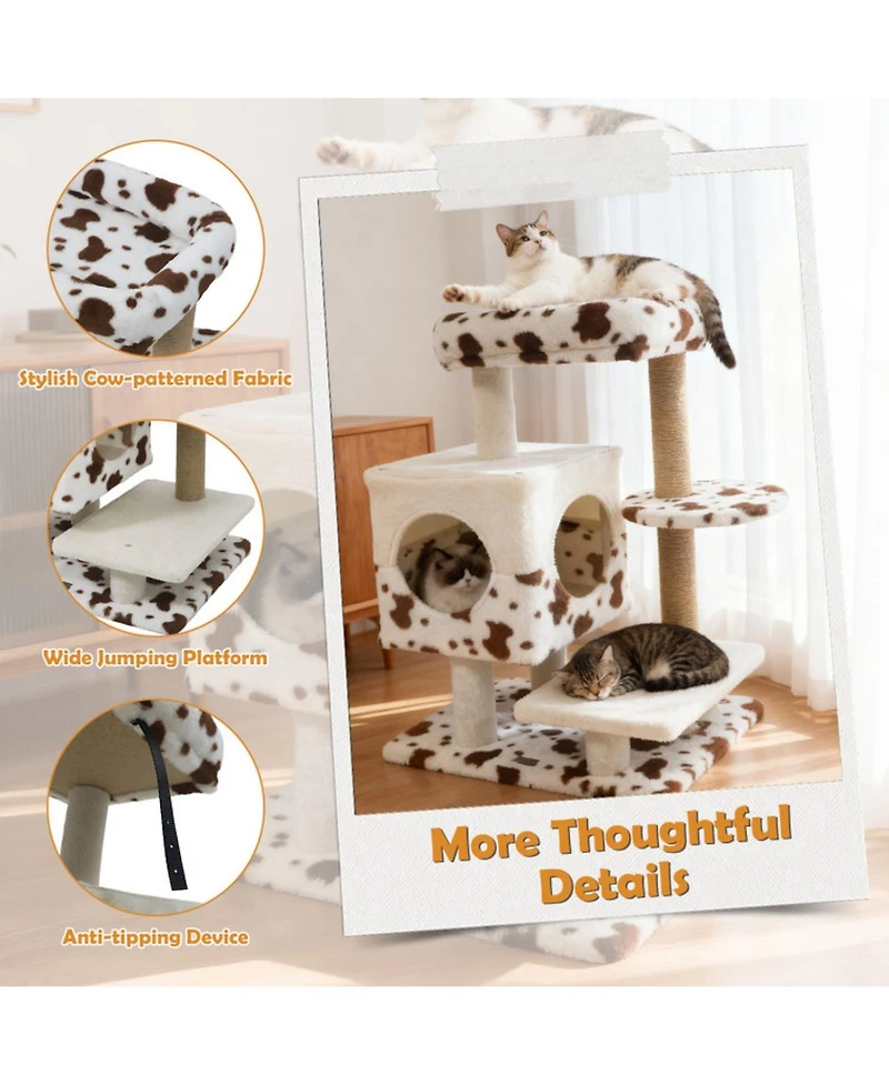 Sugift Modern Indoor Cat Tree Tower with Wide Upholstered Perch and 2-Entrance Cat Condo