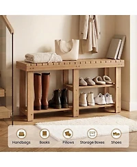 Sugift 3-Tier Solid Wood Shoe Rack Bench with Slatted Shelves