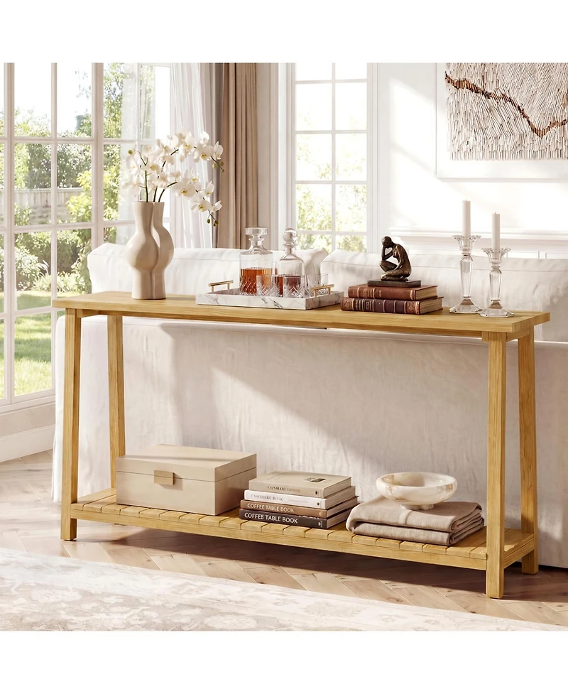 Slickblue Farmhouse 2-Tier Console Table with Teak Wood Frame