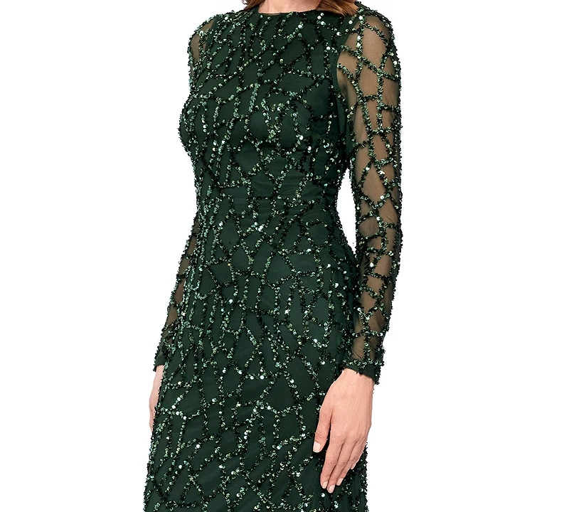 Betsy & Adam Petite Long-Sleeve Sequin Gown