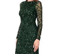 Betsy & Adam Petite Long-Sleeve Sequin Gown