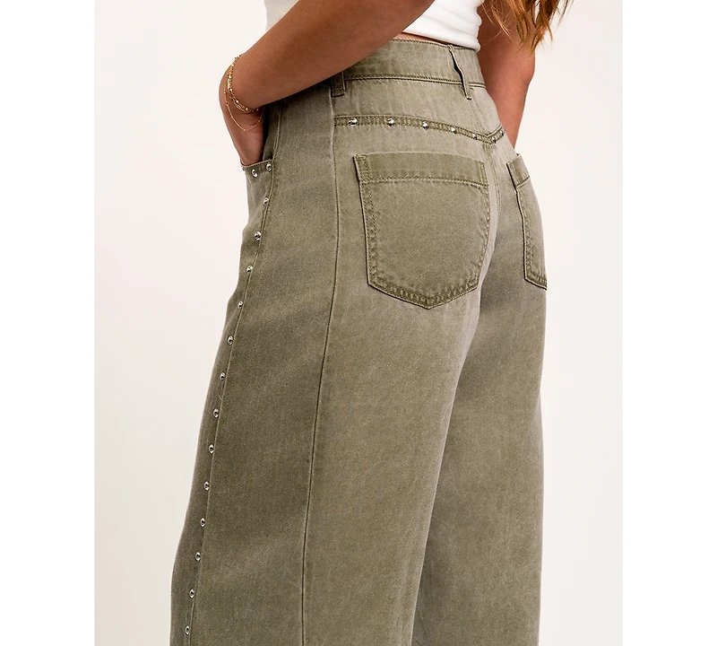 Indigo Rein Juniors' High-Waisted Wide-Leg Studded Jeans, 28-1/2" Inseam