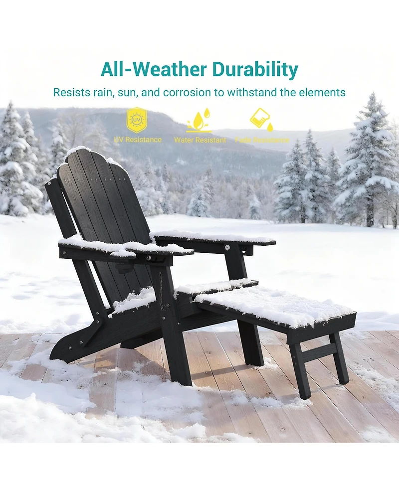 Sonkuki 3-Position Reclining Adirondack Chair with Retractable Ottoman, Folding Patio Cup Holder, Heavy Duty Hdpe Fire Pit Seating 350lbs