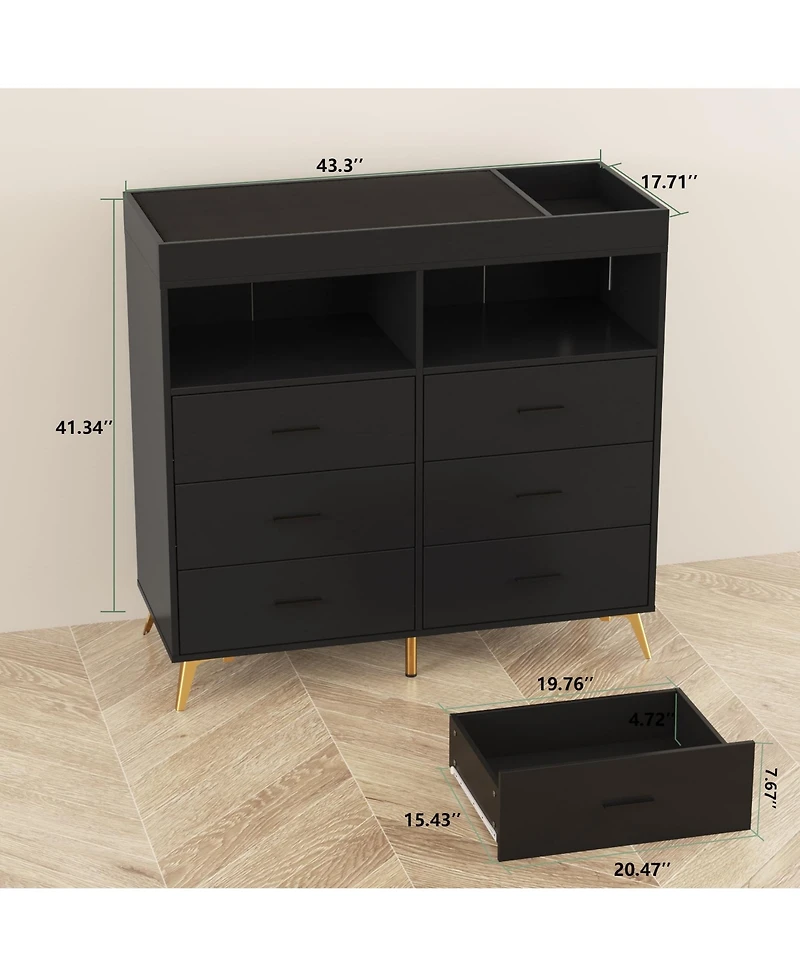 homfan 6-Drawer Changing Table Dresser with Led Lights and Charging Station, 2 Open Shelves, Convertible Baby Diaper Station