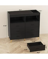 homfan 6-Drawer Changing Table Dresser with Led Lights and Charging Station, 2 Open Shelves, Convertible Baby Diaper Station
