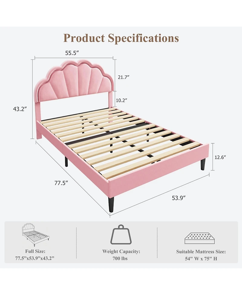 homfan Full Size Velvet Platform Bed with Seashell Headboard and Led Lights, Under-Bed Storage