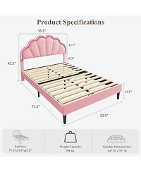 homfan Full Size Velvet Platform Bed with Seashell Headboard and Led Lights, Under-Bed Storage
