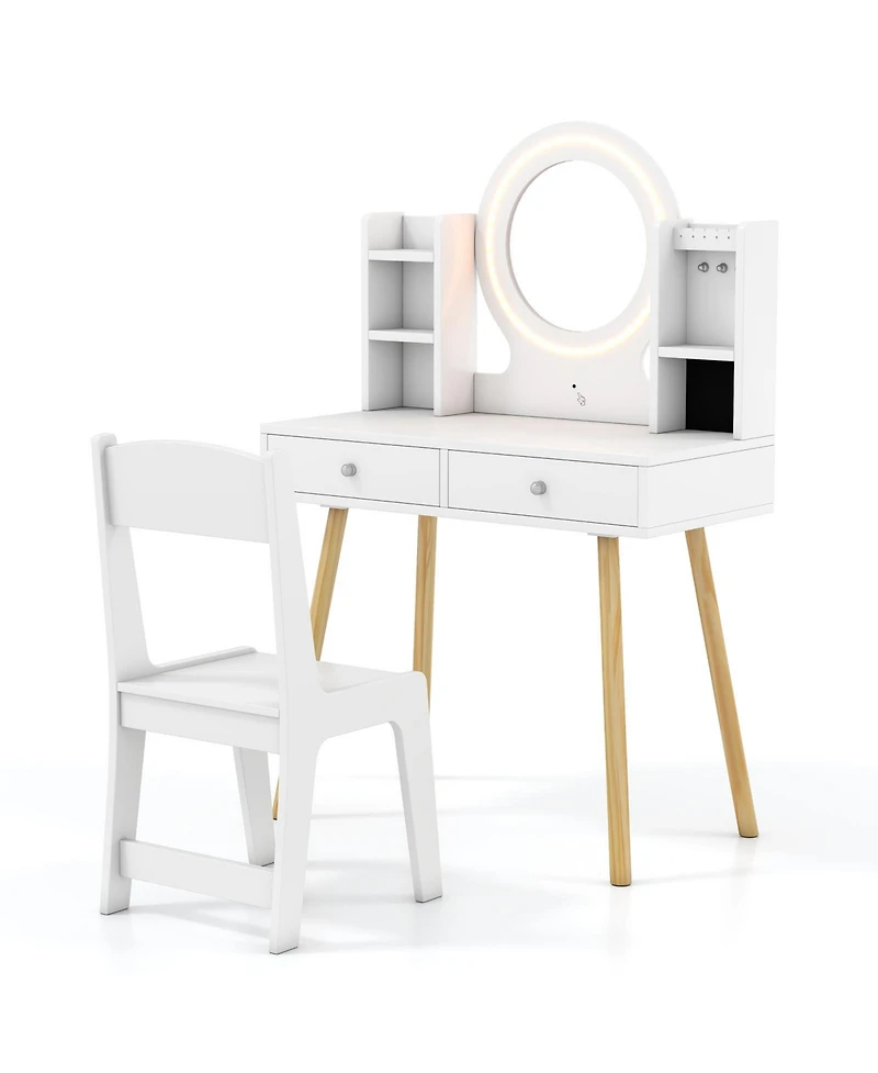 Costway Kids Vanity Set Princess Vanity Desk Set with 2-Color Led Lighted Acrylic Mirror