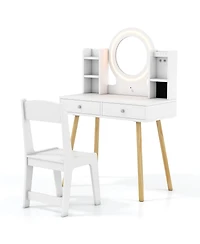 Costway Kids Vanity Set Princess Vanity Desk Set with 2-Color Led Lighted Acrylic Mirror