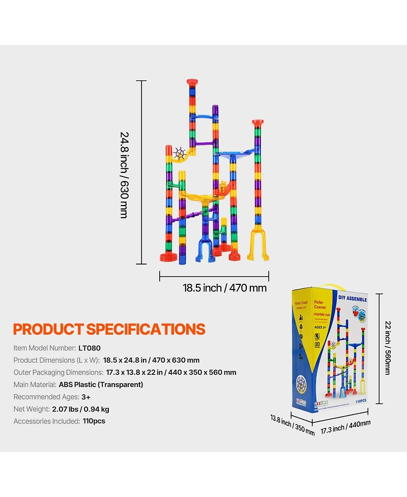 Sugift Glow-in-the-Dark Easy-Connect 110-Piece Marble Run Building Set, Ages 3+