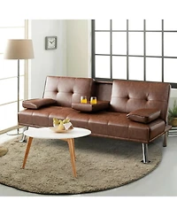 Gouun Convertible 66 Inch Faux Leather Futon Sofa with Cup Holders and Armrests