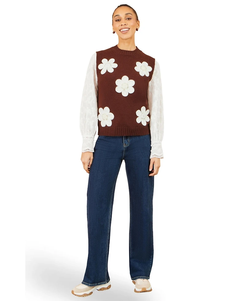 Yumi Women's Floral-Print Applique Sleeveless Sweater Vest