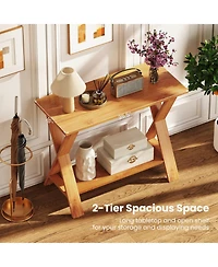 Sugift 35.5in Solid Teak Wood Console Table with Storage Shelf