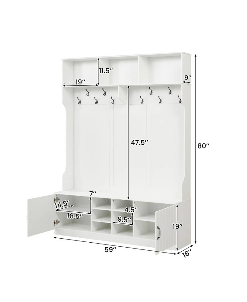 Sugift 59in Wide 6-in-1 Hall Tree With Bench and Storage