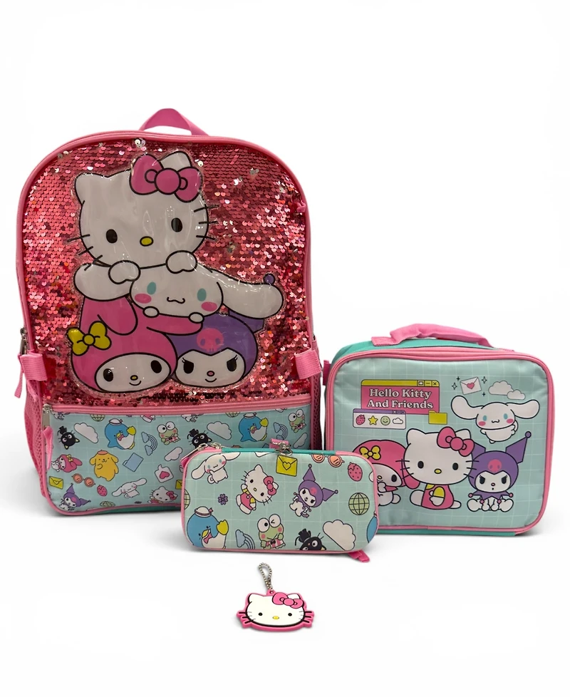 Accessory Innovations Boys' and Girls' Hello Kitty Backpack, Lunch Bag, Water Bottle, Zip Case and Carabiner, 5-Piece Set