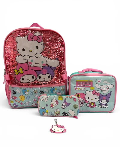Accessory Innovations Boys' and Girls' Hello Kitty Backpack, Lunch Bag, Water Bottle, Zip Case and Carabiner, 5-Piece Set