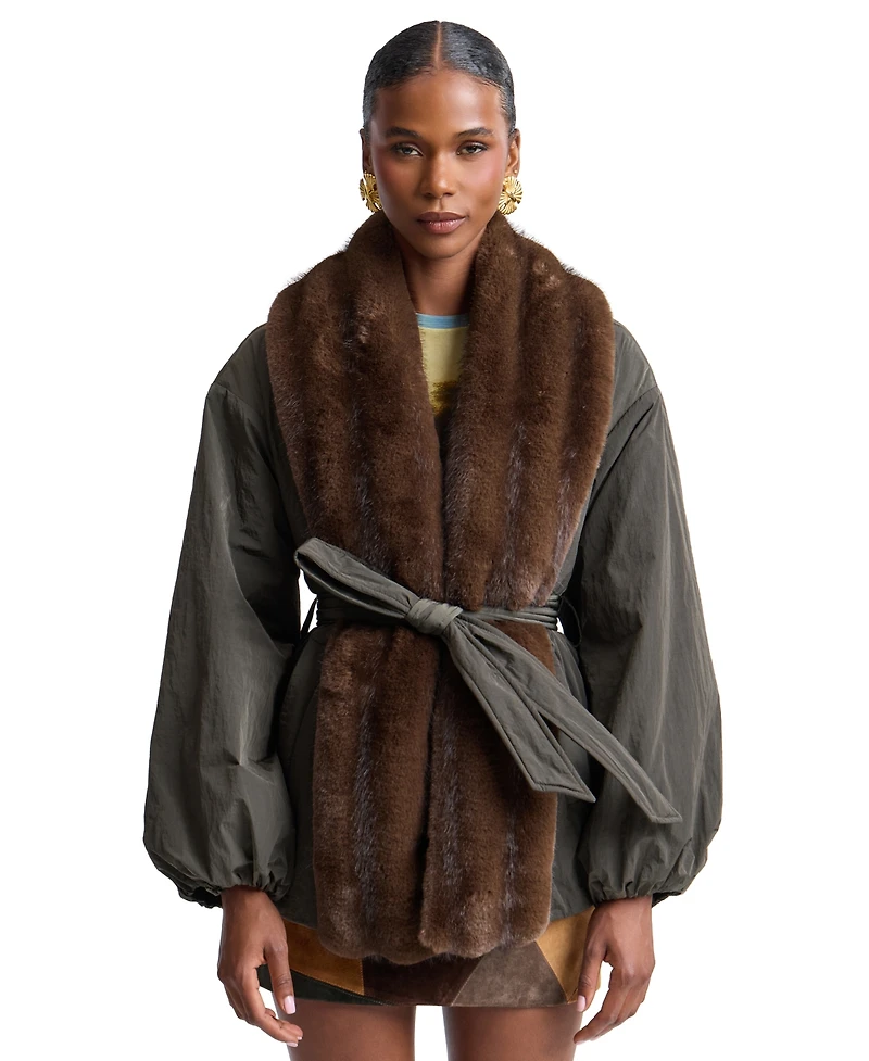 Avec Les Filles Women's Belted Faux-Fur-Trim Shawl Collar Puffer Jacket